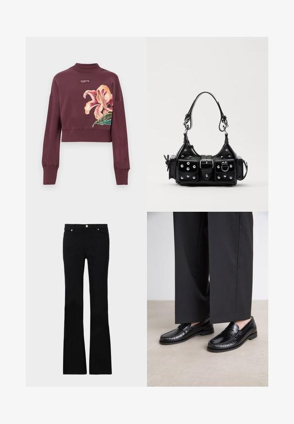 Maroon cropped sweatshirt with ribbed cuffs and collar, featuring a large pink and orange flower print and small brand logo on chest.; Black flared jeans made of denim, featuring two front pockets, a button closure, and a smooth texture. Signature stitching visible at seams.; Black leather loafers with a smooth finish, stitched detailing around the toe, and a low rubber sole. Paired with wide black trousers.; Black leather handbag with a curved design, featuring silver studs, a buckle, and two side pockets. Adjustable strap for carrying options.