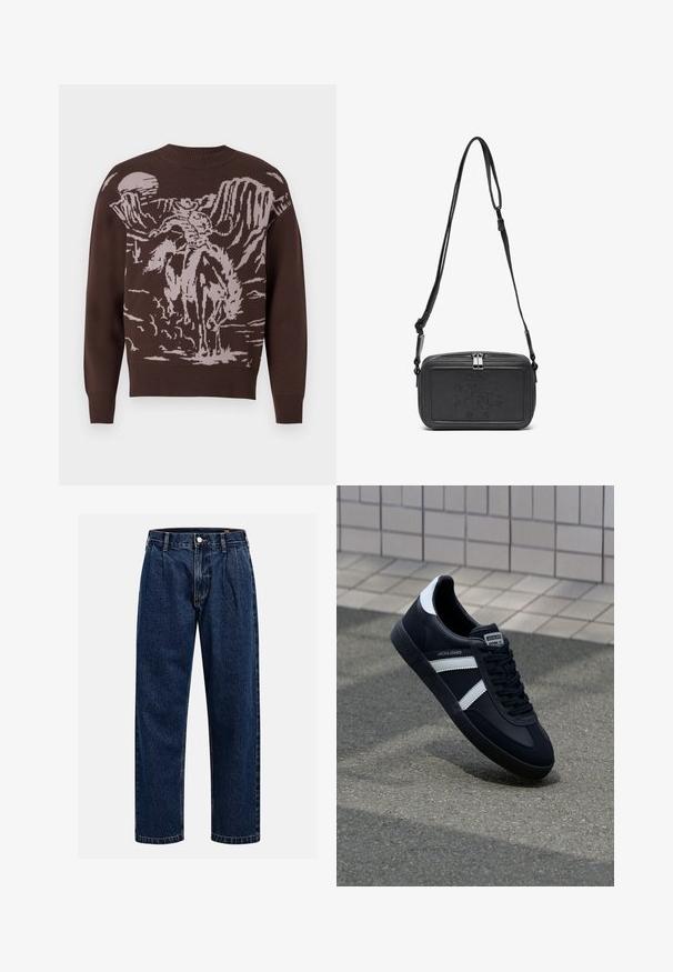 Rudos megztinis su blyškiu smėlio spalvos cowboy ir arklio grafiku, apvalia iškirpte ir kamuoliniu raštu ant rankovių bei apvadų.; Tamsiai mėlynos džinsinės kelnės su tiesiu sijonu. Savybė - matoma siūlė, mygtuko uždarymas ir priekinei daliai raukiniai, suteikiantys papildomą detales.; Juodas odinis sportinis batelis su baltais dryžiais, tekstūruota gumine padais ir raišteliais priekyje. Yra prekės ženklą žymintis etiketė ant liežuvio.; Juodas odinis per petį nešiojamas krepšys su užtrauktuku, iškilniu logotipu priekyje ir reguliuojama dirželiu. Lygus paviršius, stačiakampio formos.