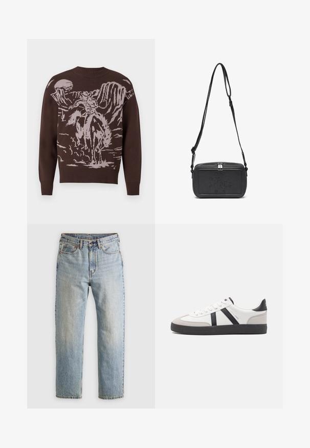 Rudos megztinis su blyškiu smėlio spalvos cowboy ir arklio grafiku, apvalia iškirpte ir kamuoliniu raštu ant rankovių bei apvadų.; Šviesiai mėlynos džinsinės kelnės su aukštu liemeniu, priekyje mygtukas, užtrauktukas ir penkių kišenių dizainas, išklotos ant neutralios fono.; Balti sportbačiai su juodais ir pilkais akcentais, pasižymintys tekstūruotu pilku pirštų dangteliu, juoda gumine padais ir plokščiomis baltomis raišteliais. Švarus dizainas, minimalistinis stilius.; Juodas odinis per petį nešiojamas krepšys su užtrauktuku, iškilniu logotipu priekyje ir reguliuojama dirželiu. Lygus paviršius, stačiakampio formos.