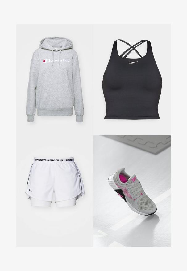 Champion ICONS CONTRAST LARGE LOGO - Felpa - grey melange; Reggiseno sportivo nero realizzato in materiale elasticizzato, con un design aderente, spalline larghe e schiena incrociata. Piccolo logo bianco sul fronte.; Pantaloni sportivi bianchi con il logo Under Armour nero sulla vita. Presentano un design stratificato con una fodera interna e spacchi laterali per la mobilità.; Sneaker atletica Reebok grigia e rosa con tomaia in mesh e suola dettagliata, esposta su una superficie bianca riflettente.