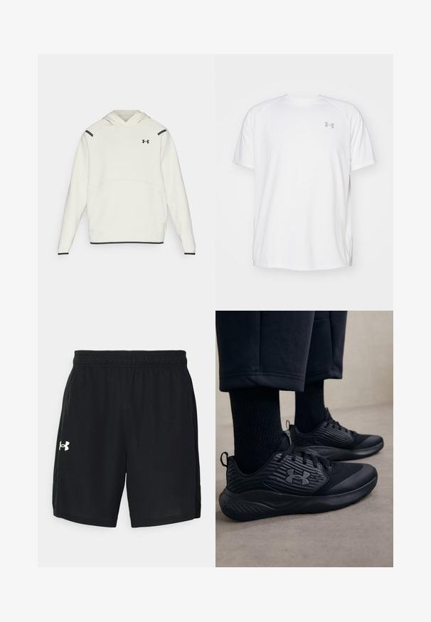Balts kapucis ar kenguru kabatu, melniem akcentiem uz pleciem un izšūtu logo uz krūtīm. Mīksta faktūra un pārvalka dizains.; Baltas īsajiem piedurknēm sporta krekls, izgatavots no gludas auduma. Tam ir apaļa kakla izgriezums un pelēks logo uz kreisās krūtis, kā arī sānu šķēlumi apakšmalā.; Melni sporta šorti, kas izgatavoti no viegla auduma, ar elastīgu jostasvietu un balto logotipu kreisajā pusē.; Persona, kurš valkā melnus sporta apavus ar teksturētām sāniem un logo, kombinēti ar melnām zeķēm un īsām biksēm uz gaišas grīdas.