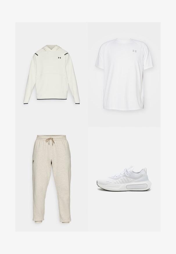Hvit hettegenser med kengurulomme, svarte detaljer på skuldrene og brodert logo på brystet. Myk tekstur og design for å ta på.; Hvit treningstopp med korte ermer laget av glatt stoff. Har rund hals og grått logo på venstre bryst, med sidesplitter i kanten.; Beige joggebukser i blødt, struktureret stof med elastisk talje og snor. Har et sidelogo og smale ankler for en afslappet pasform.; Hvit atletisk sko med et teksturert strikket overdel, snøring, polstret såle og et distinkt merkeelement på siden.