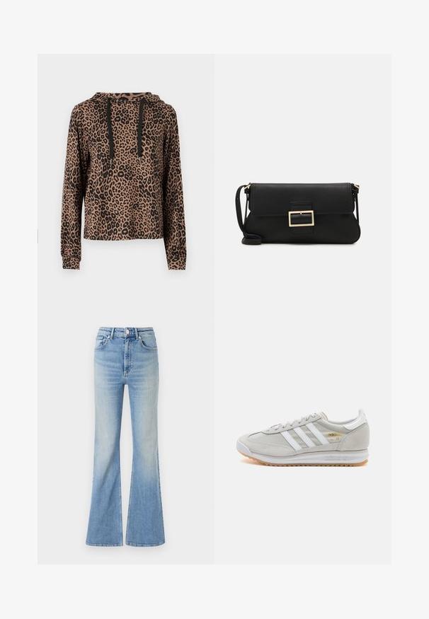 ONLY ONLMARIA HOOD - Pusa - otter; Heledad sinine flared teksapüksid, millel on kõrge vöökoht, viie tasku disain ja peen gradiseeruv hägusus alates hemist.; Heled hallid tossud, mis on valmistatud nubukist ja võrgust, millel on kolm valget triipu, ümmargune varvas ja kummist tald. Kuldne logoelement paelte lähedal.; Must haben musta nahkklahviga kott, millel on klapp ja kuldne metallist pandla detail. Kaasas must rihm ja stiilne, minimalistlik disain.; Hõbedased rõngaskõrvarõngad keerutatud disainiga, millel on poleeritud viimistlus ja posti-tagune sulgemine. Diameeter umbes 3 cm.