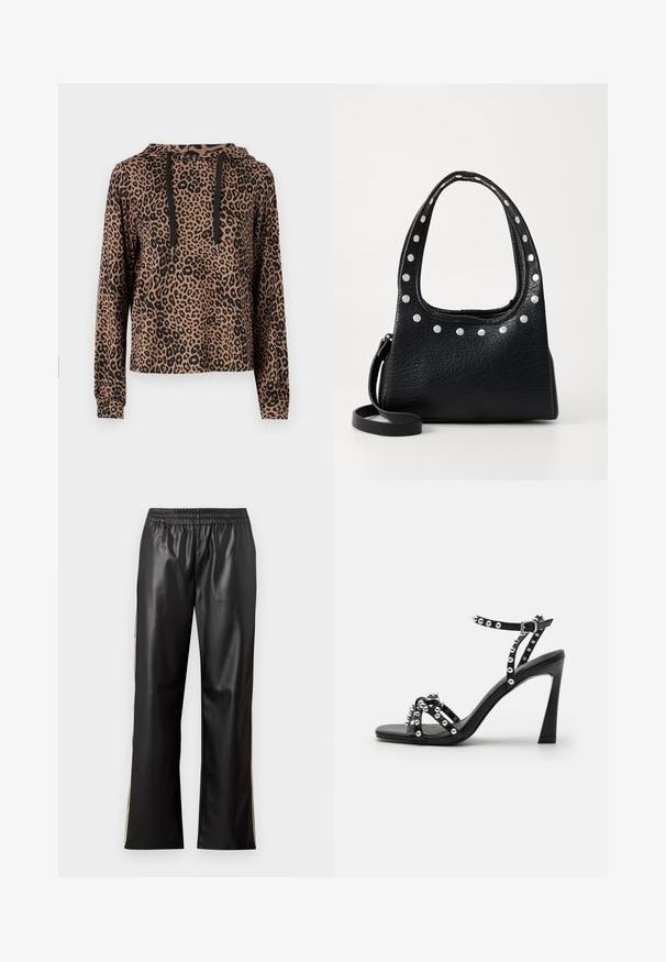 ONLY ONLMARIA HOOD - Felpa - otter; Pantaloni neri in ecopelle con vita elasticizzata, design a gamba dritta e strisce laterali a contrasto. Texture liscia e stile minimalista.; Sandalo nero con tacchi alti, caratterizzato da una cintura larga, accenti di borchie e un design elegante; presenta una chiusura con fibbia e una finitura liscia.; Borsa a tracolla in pelle nera texture, con borchie argentate lungo il bordo superiore e le maniglie, dotata di un manico corto e di una tracolla removibile.
