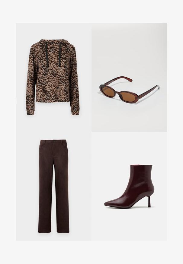ONLY ONLMARIA HOOD - Sweatshirt - otter; Mørkebrun suedebukser med lige ben, frontknap og lynlås, bæltesløjfer og sidelommer.; Bordeaux patentlæder ankelstøvle med spids tå og slank stiletto hæl, der har en glat, blank overflade og minimalistisk design.; Runde, bruntonede solbriller med en glansfuld bordeauxramme. Slanke arme med diskret brandingdetalje. Flad linsedesign.; Vævet bordeaux håndtaske med en rund form og et enkelt håndtag, der har en struktureret overflade og en elastisk snorelukning.