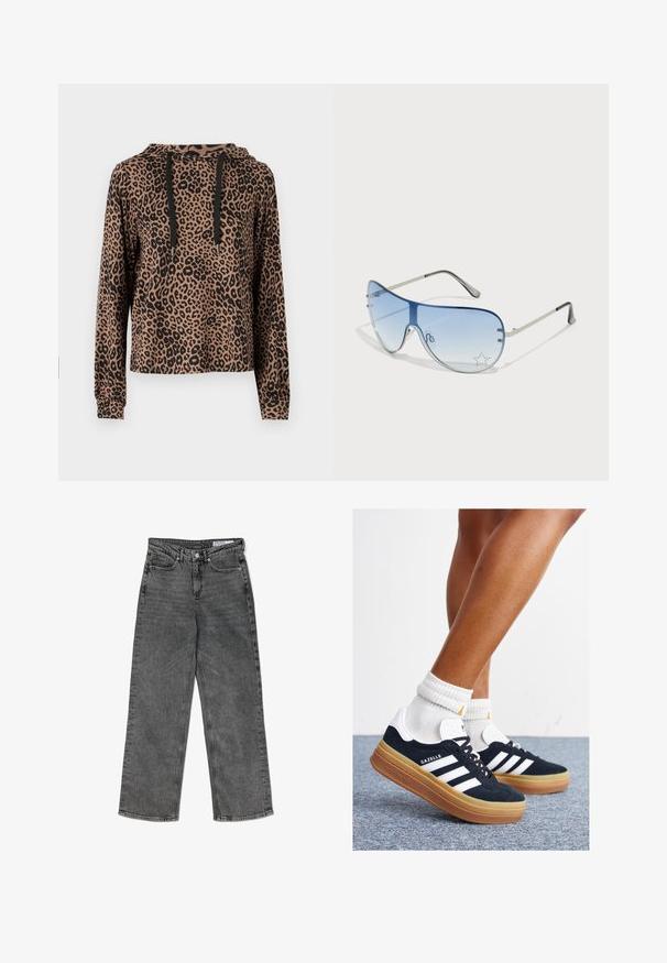 ONLY ONLMARIA HOOD - Sweatshirt - otter; Høytlivde svarte, vaskede jeans med rette ben, frontlommer, beltestropper, knappelukking og en merket indvendig midjebåndlabel.; Svarte sneakers i semsket skinn med hvite striper og detaljer, rund tå, yttersåle i gummigummi, kombinert med hvite ribbestrikkede crew-sokker.; Pilotbriller med gradient blå linse, sølvfarget metallramme og dekorative stjerneaksenter på linsen. Glatt og stilren design.