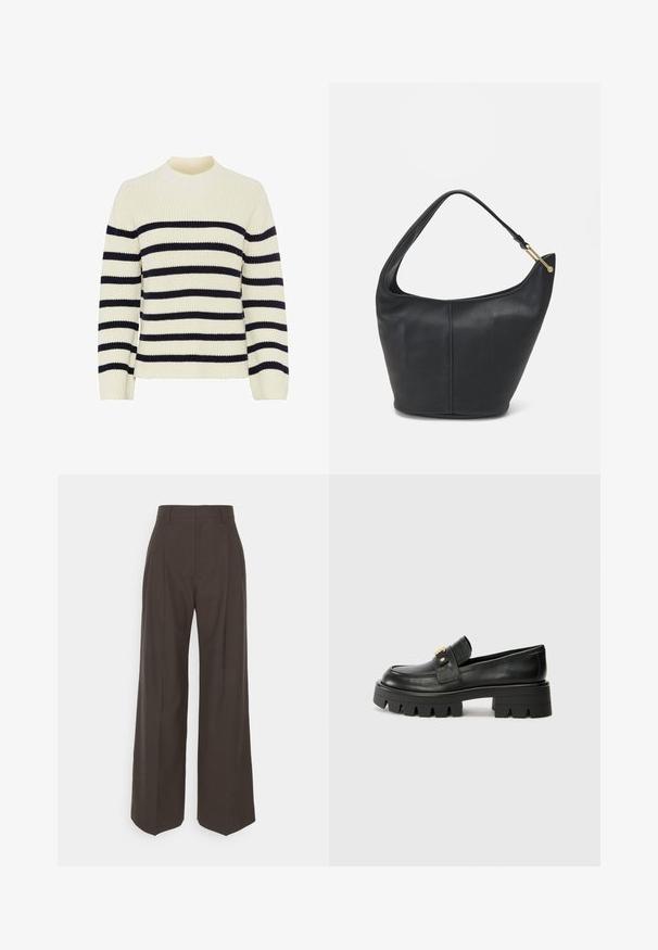 Cremfarbener Pullover mit dunkelblauen horizontalen Streifen, gerippter Textur und rundem Ausschnitt. Verfügt über lange Ärmel und einen geraden Saum.; Dunkelbraune weite Hose mit hoher Taille, die über sorgfältig gebügelte Falten, eine glatte Textur und eine taillierte Passform verfügt.; Schwarze Lederloafers mit einer klobigen Sohle, die an der Vorderseite ein goldfarbenes Akzent und eine glatte Oberfläche aufweisen. Klobiges Profil-Design auf der Sohle.; Schwarze Lederhandtasche mit abgerundeter Form, breitem Tragegurt und strukturiertem Finish. Besitzt eine subtile Nahtdetails und einen Akzent aus goldfarbenem Metall.