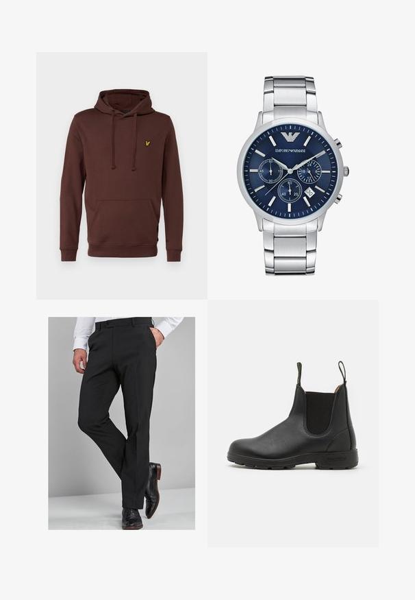 Lyle & Scott Melegítőfelső - deep mahogany; Fekete öltöny nadrág, testhezálló szabással, sima felülettel, egyenes lábszárral és övhurkokkal, fényes fekete öltönycipővel párosítva.; Fekete bőr Chelsea csizma rugalmas oldalsó panelekkel, húzófüllel, masszív gumitalppal és steppelt részletekkel. Simább textúra az egész felületen.; Emporio Armani Kronográf óra - silver-coloured