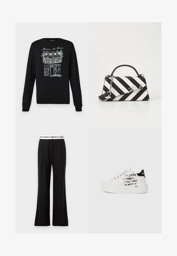 Fekete pulóver környakékkel, elöl fehér és világoskék körvonalú épület és alakok rajzával.; Fekete, lazán szabott nadrág, fehér rugalmas derékpánttal, amelyen márkajelzés található. Simogató, enyhén fényes anyagból készült.; Fehér platform sportcipők fekete részletekkel, textúrált talppal és kézzel írt szöveggel az oldalakon. Sima bőrből készült.; Fekete-fehér csíkos kézitáska, strukturált formával, felső fogantyúval, leválasztható lánc pánttal és fémes logóval.