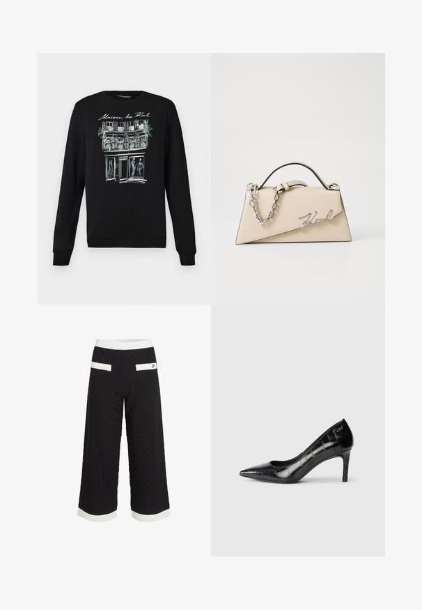 Svart genser med rund hals, med en hvit og lyseblå omrissillustrasjon av en bygning og figurer på forsiden.; Sorte, kort bukser med et teksturert, vevd mønster. Har hvite aksentstriper ved livet og kanten, samt to baklommer.; Sorte spisse høye hæler med en blank finish og et subtilt teksturmønster. Har en moderat hæl og åpen halsdesign.; Beige lærveske med en strukturert, trekantet form, som har et sølvfarget kjedehåndtak og en skrifttype-logo i metall.