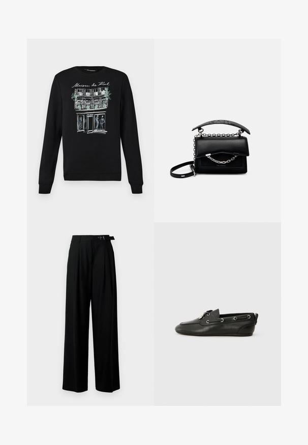 Černá mikina s kulatým výstřihem, na přední straně s bílým a světlemodrým obrysem ilustrace budovy a postav.; Černé široké kalhoty s vysokým pasem, záhyby vpředu a páskem s přezkou. Vyrobené z hladké, lehké tkaniny.; Černé kožené lodní boty s kulatou špičkou, šněrováním vpředu, kovovými očky a plochou podrážkou. Mají malou poutku vzadu.; Černá kožená kabelka se strukturovaným designem, s akcenty řetězu a držadla, a texturovaným povrchem. Obsahuje klopu s uzávěrem a viditelným brandingem.