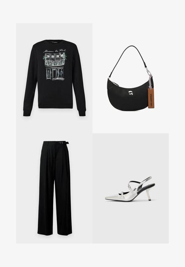 Čierna mikina s okrúhlym výstrihom, na prednej strane s bielym a svetlomodrým obrysovým ilustráciou budovy a postáv.; Čierne široké nohavice s vysokým pásom, skladmi vpredu a opaskom s prackou. Vyrobené z hladkej, ľahkej textílie.; Strieborné slingback opätky s špicatou špičkou, ktorý majú hladký metalický povrch, štíhly opatok a dekoratívne remienky.; Čierna kožená kabelka s textúrou jemných bradavíc, zakriveným tvarom, horným zipsom, striebornými kovaniami a hnedou visačkou. Má akcent v podobe loga.