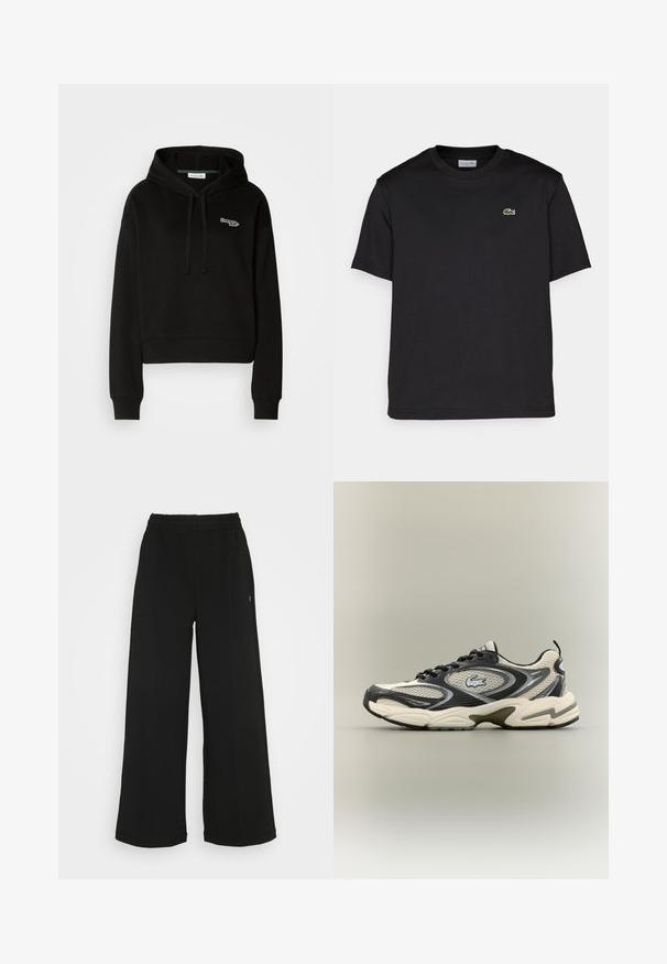 Fekete, rövidített kapucnis pulóver puha anyagból, húzózsinórral ellátott kapucnival és zöld-fehér logóval a mellrészen. Hosszú ujjú, bordás gumírozott mandzsettákkal.; Fekete pamut póló kerek nyakkal, rövid ujjal és egy apró zöld hímzett logóval a bal mellrészen. Egyszerű dizájn.; Fekete, bőszárú nadrág rugalmas derékrésszel. Puha, könnyű anyagból készült. Elülső részén vertikális varrásokkal rendelkezik.; Fekete és bézs hálós sportcipők párnázott bokával, texturált felsőrésszel és kiemelkedő logóval az oldalon. Elegáns dizájn, ívelt talppal.