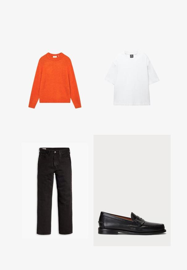 Oranje trui van zacht materiaal, met een geribbelde halslijn en zoom, lange mouwen en een relaxte pasvorm. Geen patronen of versieringen.; Witte t-shirt met korte mouwen van katoen, met een ronde hals en een relaxte fit met rechte zoom. Geen patronen of versieringen.; Zwarte recht gesneden denim jeans met vijf zakken, knoopsluiting en riemlussen, plat gelegd op een witte achtergrond.; Zwarte leren instapper met een ronde neus, gestikte details en een decoratieve band aan de voorkant. Platte zool met een minimaal profiel.