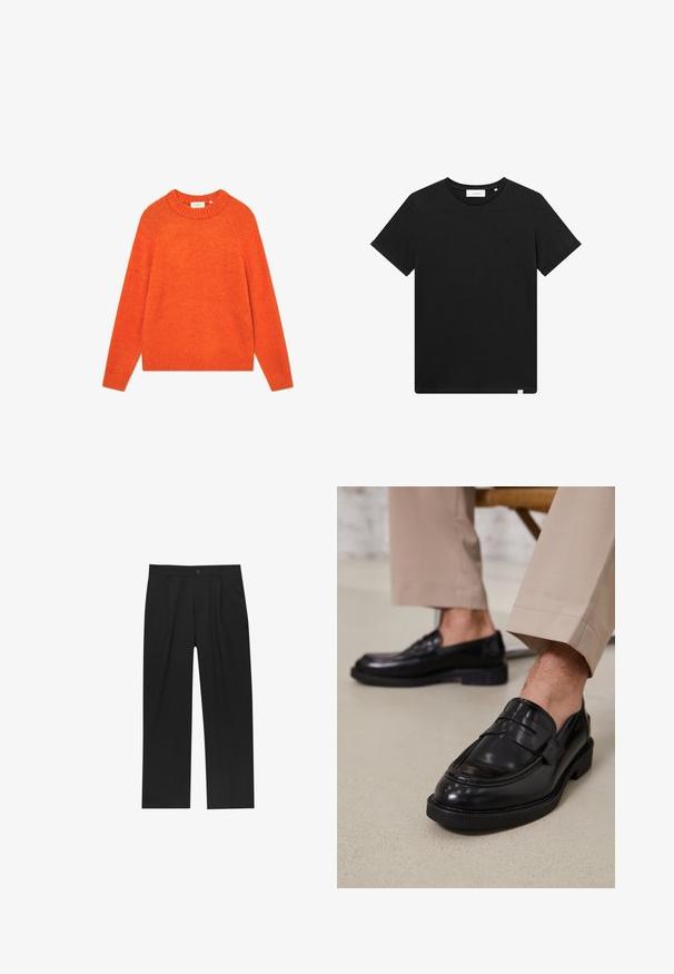 Narančasti pulover od mekog materijala, s rebrastim izrezom i rubovima, dugim rukavima i opuštenim krojem. Bez uzoraka ili ukrasa.; Crna kratka majica s kratkim rukavima od pamuka, s okruglim izrezom i malim logotipom izvezenim na prsima. Glatka tekstura, standardni kroj.; Crne hlače ravnog kroja, izrađene od glatkog materijala. Imaju prednje nabore i jedan dugme na struku.; Crne kožne mokasine s glatkom obradom, koje imaju dekorativnu traku i kontrastnu šav, u kombinaciji s bež hlačama.