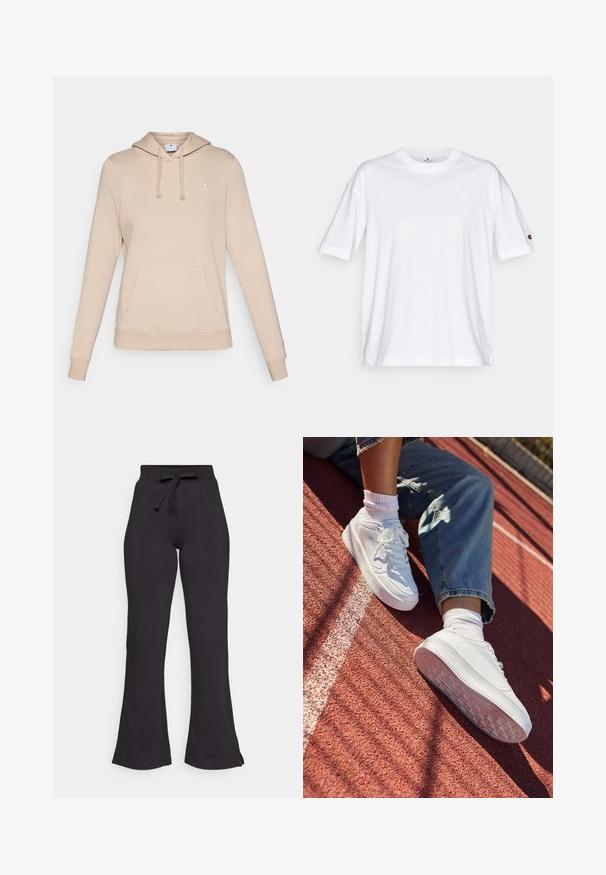 Bežna kapuca srajca iz mehkega materiala, z naramnim žepom spredaj, rebrastimi manšetami in majhnim logotipom na prsih.; Bela bombaža majica z okroglo ovratnikom, kratkimi rokavi in majhnim logotipom na levem prsnem delu. Ima sproščen fit in enotno barvo.; Črne široke trenirke iz mehkega blaga, z anatomsko oblikovanim pasom na vrvico in gladko teksturo. Zasnovane za udobje in enostavno nošenje.; Bele usnjene športne copate s perforiranim prstom, ravne vezalke in gumijastim podplatom. Obute z belimi nogavicami in svetlo modrimi kavbojkami, na rdečem tekaškem stadionu.