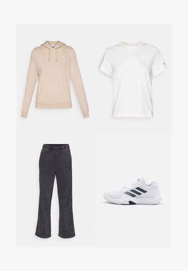 Sweatshirt bege com capuz, feito de tecido macio, apresentando um bolso frontal, punhos canelados e um pequeno logótipo no peito.; T-shirt de algodão branco de mangas curtas com um decote redondo e um pequeno logótipo no lado esquerdo do peito. Textura suave e corte padrão.; Calças de moletão largas em tecido cinza escuro com uma textura suave. Apresentam uma cintura elástica e um logótipo bordado na lateral.; Tênis atlético branco com parte superior em malha, três listras pretas de cada lado, detalhes texturizados e uma sola de borracha resistente com uma seção preta contrastante.