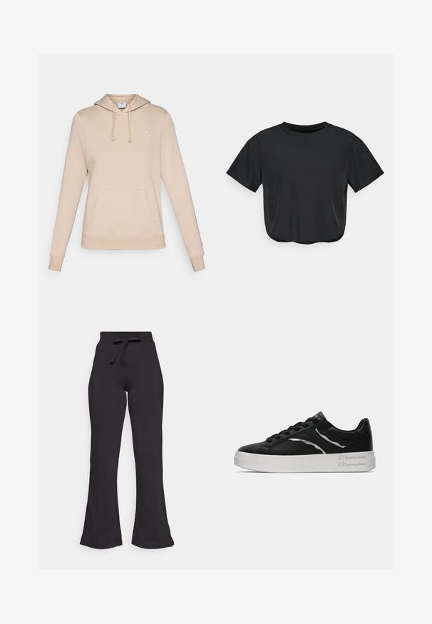 Bežna kapuca srajca iz mehkega materiala, z naramnim žepom spredaj, rebrastimi manšetami in majhnim logotipom na prsih.; Črna skrajšana majica z mehkega materiala, s krožnim izrezom, kratkimi rokavi in udobnim krojem. Diskretni šivni detajli.; Črne široke trenirke iz mehkega blaga, z anatomsko oblikovanim pasom na vrvico in gladko teksturo. Zasnovane za udobje in enostavno nošenje.; Črne usnjene teniske z belo podlogo, ki imajo tanke srebrne akcenta in vezalni dizajn. Gladka tekstura s logotipom na peti.