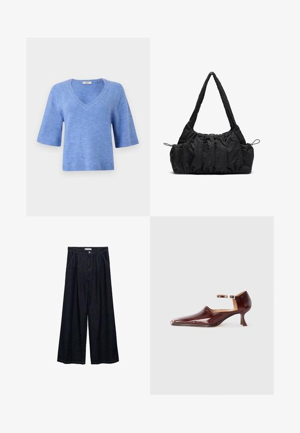 Korte mouwen, V-hals trui in lichtblauw. Gemaakt van zacht materiaal met geribbelde accenten bij de mouwen en de zoom. Relaxte pasvorm, lichte textuur.; Wit lange mouwen crop top gemaakt van ribbelstof. Heeft een ronde halslijn en een aansluitend ontwerp. Etiket zichtbaar aan de binnenkant bij de hals.; Donkerdenim wijde-broek met een hoge taille, voorzien van een sluiting met knoop aan de voorkant, twee zijzakken en stikdetails.; Bordeaux patentleren schoen met een spitse neus, enkelbandje en een taps toelopende hak van 5 cm. Glad van textuur en minimalistisch ontwerp.; Zwarte stoffen handtas met gerimpelde textuur, twee schouderbanden en een trekkoordsluiting aan de zijkanten. Glad, lichtgewicht materiaal.