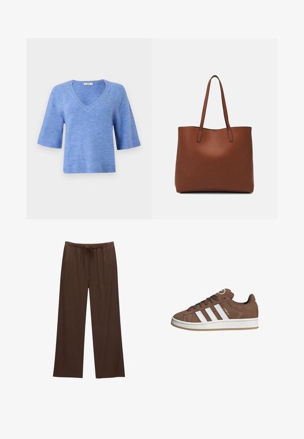 Maglione a maniche corte, con scollatura a V, di colore azzurro chiaro. Realizzato in materiale morbido con dettagli a costine sulle maniche e sull'orlo. Vestibilità rilassata, texture leggera.; Pantaloni larghi marroni realizzati in tessuto morbido, con vita elastica e cordoncino, e due tasche laterali.; Sneakers in suede marrone con strisce in pelle bianca, suola in gomma, punta rotonda e lacci. Presentano un logo sulla linguetta e dettagli perforati.; Borsa tote in pelle marrone con texture liscia, design con apertura superiore e due spallacci. Presenta cuciture minime e nessun hardware visibile.