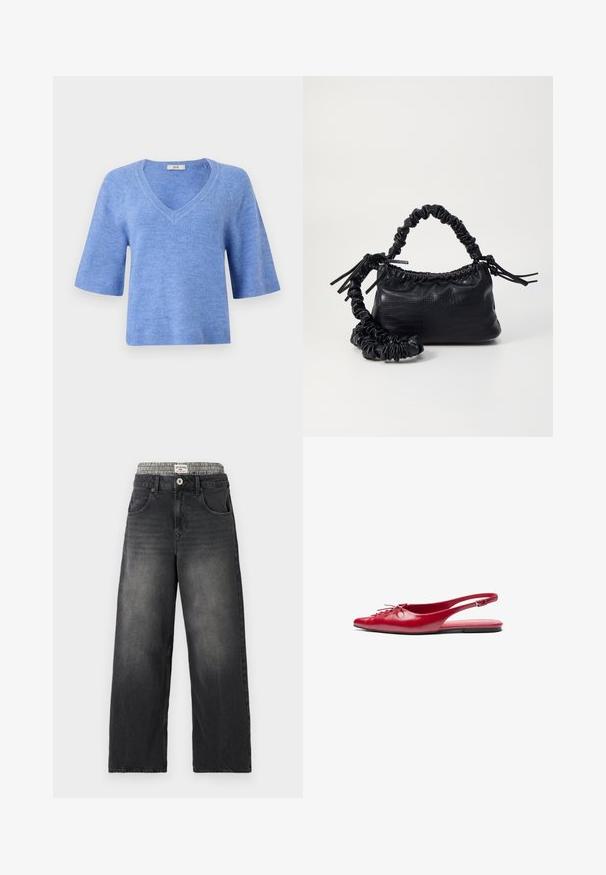 Korte mouwen, V-hals trui in lichtblauw. Gemaakt van zacht materiaal met geribbelde accenten bij de mouwen en de zoom. Relaxte pasvorm, lichte textuur.; Zwarte denim wijde jeans met een houndstooth patroon op de tailleband. Kenmerken zijn onder andere voorzakken en een knoopsluiting. Beschadigd textuur.; Rode leren slingback platte schoen met een puntige neus en een decoratieve vetersluiting aan de voorkant, voorzien van een slanke enkelband en een platte zool.; Zwarte nepleer handtas met een krokodillenstructuur, opgedroogde bovenkant en een gekreukte hengsel. Het lijkt zacht en compact van ontwerp.