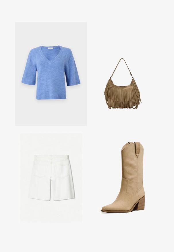 Svetr s krátkým rukávem a výstřihem do V v světle modré barvě. Vyroben z měkkého materiálu s žebrovanými detaily na rukávech a lemu. Volný střih, lehká textura.; Bílé denimové šortky s rovnoměrným střihem, s vysokým pasem, dvěma zadními kapsami a jemným prošitím.; Bershka HIGH-HEEL - Kovbojské/motorkářské kozačky - beige; Hnědá semišová kabelka s dlouhými třásněmi, zakřiveným tvarem a jedním ramenním popruhem. Vyznačuje se hladkým, texturovaným povrchem.
