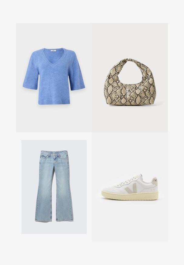 Rövid ujjú, V-nyakú pulóver világoskék színben. Puha anyagból készült, bordázott részletekkel az ujjaknál és az alján. Laza fazon, könnyű textúra.; Weekday NOVA - Karcsúsított farmerek - lip blue; Fehér bőr sneaker bézs velúr részletekkel, perforált orr résszel, lapos fűzőkkel és textúrált krémszínű talppal. Finom márkajelzés található a sarkán.; Kígyómintás kézitáska ívelt fogantyúval. Texturált, bézs és barna anyagból készült, jellegzetes gyémántmintával.