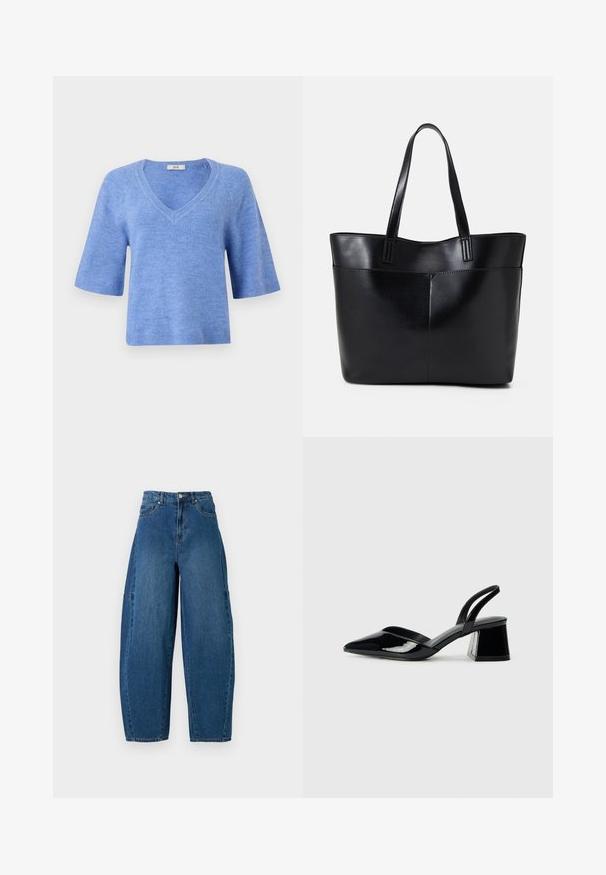 Kortermet V-hals genser i lys blå. Laget av mykt materiale med ribbede detaljer ved ermer og kant. Løs passform, lett tekstur.; Denimjeans i en middels blå vask, med høy midje, vide ben og standard fem-roms design med synlige sømdetaljer.; Svarte patentlær slingback hæler med spiss tå og geometrisk blokk hæl. Har et stilrent, minimalistisk design og jevn tekstur.; Svart lær toteveske med to lange håndtak, en glatt tekstur og en strukturert form. Har en frontlomme for ekstra oppbevaring.