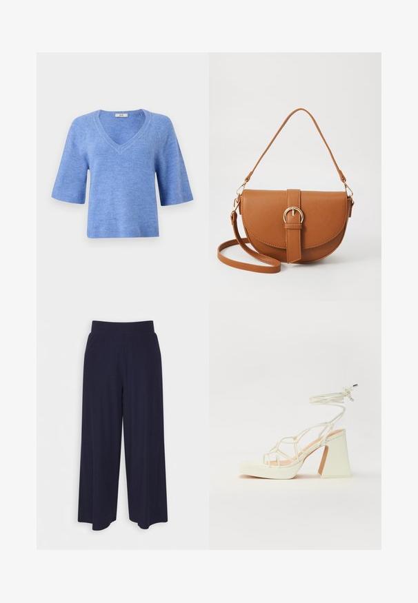 Pull à manches courtes et col en V de couleur bleu clair. Fabriqué dans un matériau doux avec des accents côtelés aux manches et à l'ourlet. Coupe décontractée, texture légère.; Pantalon large en tissu bleu marine foncé avec une texture côtelée. Il présente une taille lisse et une silhouette fluide, atteignant la longueur mi-mollet.; Sandale blanche à talons hauts avec un talon épais, présentant un design à lanières et un lien autour de la cheville. Texture lisse avec une plateforme à l'avant pour une hauteur supplémentaire.; Sac bandoulière en cuir marron avec une forme incurvée, quincaillerie dorée et un accent en boucle. Comprend une bandoulière détachable.