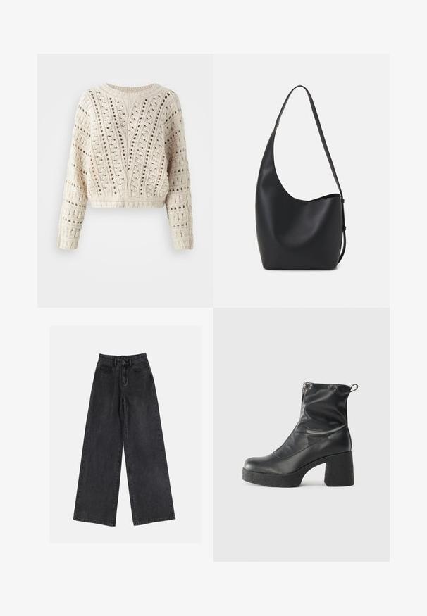 Pull en crème au crochet avec un ourlet court, des manches longues et des motifs ajourés présentant des designs verticaux et horizontaux tout au long.; Jean en denim noir à jambes larges avec taille haute, design classique à cinq poches et décoloration subtile. Tissu résistant avec une texture douce.; Bottes noires à la cheville en cuir lisse, dotées d'une fermeture éclair sur le côté, d'un talon épais texturé et d'une conception à bout rond.; Sac hobo en cuir noir avec une texture lisse, une forme incurvée et une seule sangle réglable ; dispose d'une large ouverture en haut.