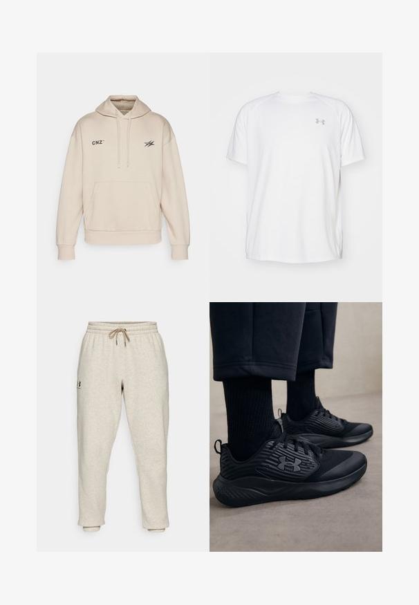 Bež kapucar iz mehkega materiala, ki ima sprednji žep, vrvice in natisnjene logotipe na prsih.; Bela kratka športna majica s kratkimi rokavi, izdelana iz gladkega blaga. Ima okroglo ovratnico in sivo logotip na levi prsi ter stranske razpoke na robu.; Beige trenirke iz mehkega, teksturiranega materiala z elastičnim pasom in vrvico za zategovanje. Imajo stranski logo in zožene gležnje za sproščen fit.; Oseba nosi črne atletske superge z teksturirano stranjo in logotipom, v kombinaciji s črnimi nogavicami in skrajšanimi hlačami na svetli podlagi.