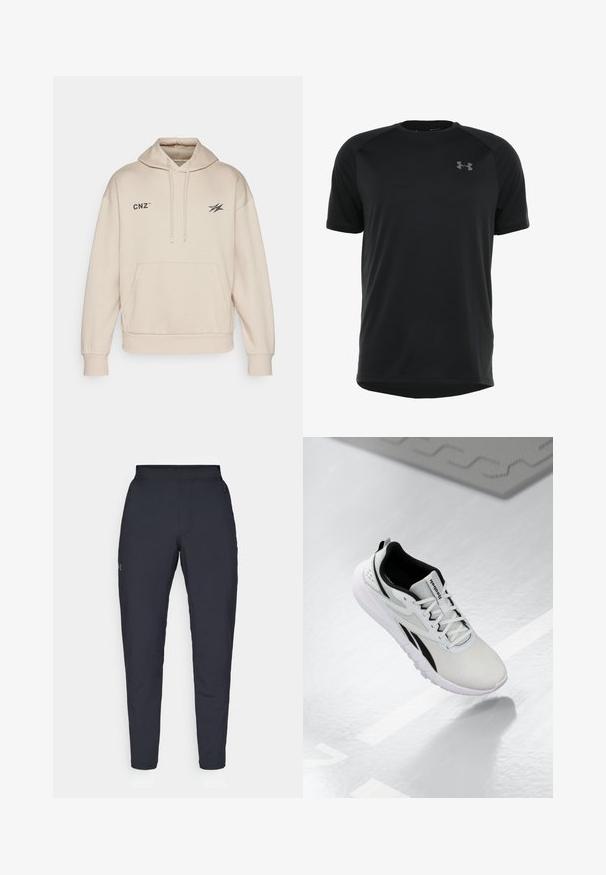 Sweatshirt bege com capuz, feito de um tecido suave, apresentando um bolso frontal, cordões e logótipos impressos no peito.; Camisa atlética preta de manga curta feita de um tecido liso e leve. Apresenta um decote arredondado e um logótipo discreto no peito.; Calças de desporto negras com uma textura suave, corte justo, cintura elástica e bolsos laterais. Apresenta um pequeno logótipo na coxa esquerda.; Sapatilha atlética cinza-claro com detalhes pretos, parte superior em malha texturizada, sola acolchoada e fecho com atacadores. Possui uma aba de puxar no calcanhar.