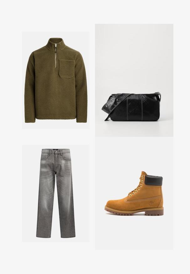Pulover od flisa u maslinasto zelenoj boji, s ovratnikom na pola rajsferšlusa i džepom na lijevoj strani grudi. Teksturni, mekani materijal s opuštenim krojem.; Kremasta pamukasta majica s kratkim rukavima i okruglim izrezom. Ima grafički ispis u plavoj i crvenoj boji s tekstom i motivom.; Sive traperice s labavim krojem, koje sadrže detalje izbjeljivanja i izbjeljivanja, klasični dizajn s pet džepova i kopčanje na gumbe.; Antracitne antilop čizme do gležnjeva s crnim podstavljenim ovratnikom, zlatnim metalnim rupicama, bijelim šavovima i robusnom gumenom potplatom s izraženim šarama.; Crna kožna torba preko ramena s zatvaranjem na patentni zatvarač, s teksturiranim tijelom, bijelim šavovima i remenom sa srebrnim okovima.