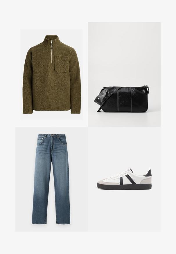 Fleece-Pullover in Olivgrün, mit einem Halb-Zip-Kragen und einer Brusttasche auf der linken Seite. Strukturierter, weicher Stoff mit lockerer Passform.; Gerade geschnittene blaue Jeans aus Denim mit gewaschenem Finish, ausgestattet mit einem Fünf-Taschen-Design, Metallknopf und Gürtelschlaufen. Robustes, mittelschweres Material.; Weiße Sneaker mit schwarz- und grau-aczenten, ausgestattet mit einer strukturierten grauen Zehenkappe, schwarzer Gummi-Sohle und flachen weißen Schnürsenkeln. Sauberes Design, minimalistische Stil.; Schwarze Leder Schultertasche mit Reißverschluss, ausgestattet mit einer strukturierten Oberfläche, weißen Nähten und einem Tragegurt mit silbernen Ösen.