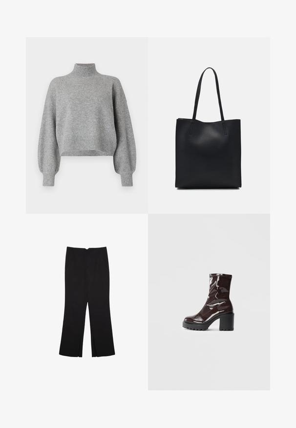 Szara krótka bluza z wysokim kołnierzem, prążkowanymi mankietami i dołem, oraz opadającymi ramionami. Miękka tekstura z minimalną ilością szwów.; Czarne spodnie o prostym kroju, z przednimi kieszeniami i bocznymi rozcięciami na dole. Wykonane z miękkiego, gładkiego materiału. Odpowiednie na różne okazje.; Błyszczące bordowe botki za kostkę z masywną czarną obcasem, charakteryzujące się gładką teksturą i prostym wzornictwem. Brak widocznych zapięć lub wzorów.; Czarna skórzana torba tote o gładkiej fakturze, prostokątnym kształcie i dwóch długich uchwytach. Brak widocznych elementów metalowych i ozdób.