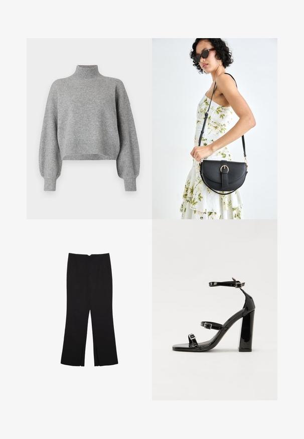 Grauer, geschnittene Pullover mit hohem Kragen, gerippten Bündchen und Saum sowie überschnittenen Schultern. Weicher Stoff mit minimalen Nähten.; Schwarze Hose mit geradem Schnitt, ausgestattet mit Fronttaschen und Seitenschlitzen am Saum. Hergestellt aus weichem, glattem Stoff. Geeignet für verschiedene Anlässe.; Schwarze patentierte Sandalen mit Absatz, quadratischer Spitze, Knöchelriemen und silbernen Schnallen. Mit einem stabilen Blockabsatz für mehr Stabilität.; Schwarze Lederhandtasche mit geschwungener Form, abnehmbarem Tragegurt und goldenen Beschlägen. Die Tasche verfügt über einen Deckel mit einer Schnallen-Details.