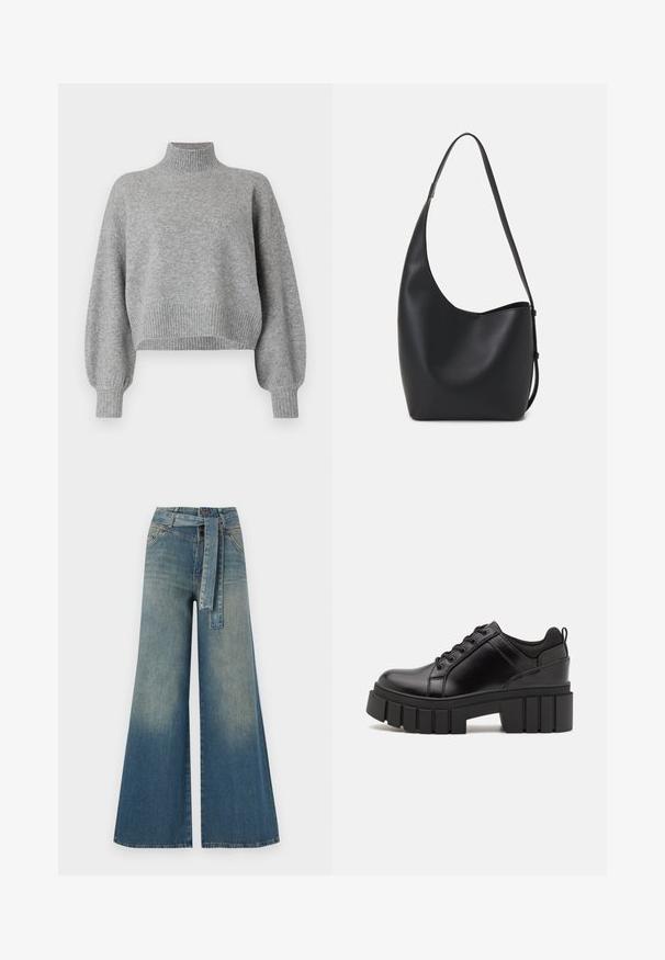 Pilkas trumpas megztinis su aukštu apykakle, raukšlėtais rankogaliais ir hemu, bei nuleistomis pečių linijomis. Minkšta tekstūra su minimaliu siūlių skaičiumi.; Platus džinsinis kelnes su šviesiai tamsiai mėlynu gradientu, aukštu juosmeniu, diržo kilpomis ir atitinkančiu audinio diržu. Textūruotas džinsinis paviršius.; Juodi odiniai platformos batai su masyviu blokuota kulniuku, apvalia nosimi ir tradiciniu šnypštimo dizainu. Turintys glotnų paviršių ir minimalų dekoravimą.; Juodas odinis hobo maišas su lygiu paviršiumi, kreipta forma ir viena reguliuojama rankena; turi platų atidarymą viršuje.