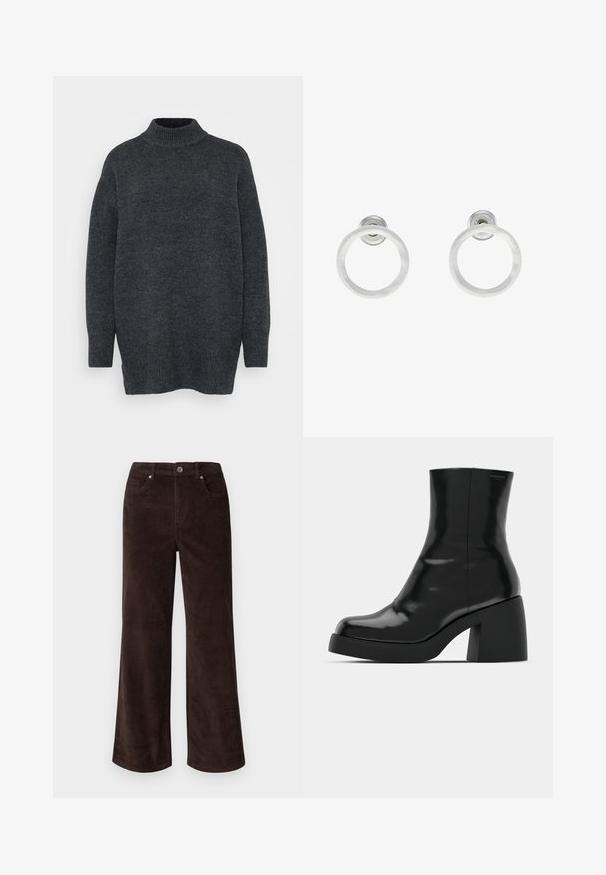 Übergroßer Rollkragenpullover aus dunkelgrauem Strick. Mit gerippten Bündchen und Saum, weichem Material und seitlichen Schlitzen am Saum für eine bequeme Passform.; Vero Moda Petite VMTESSA PANTS - Stoffhose - chocolate torte; Schwarze Stiefeletten mit glänzender Oberfläche, quadratischer Zehenpartie und dicker Blockabsatz. Das Design zeichnet sich durch eine nahtlose Silhouette und minimalistische Markenkennzeichnung aus.; Silberne Metall-Hoops Ohrringe mit gebürsteter Oberfläche, die ein kreisförmiges Design aufweisen und mit einem klaren Steckverschluss für einen sicheren Halt ausgestattet sind.