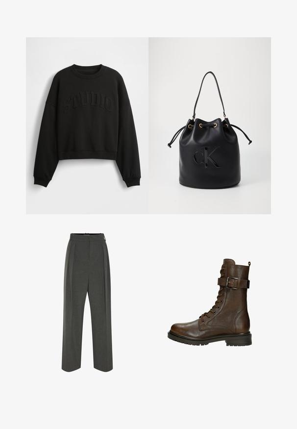 Felpa nera corta con maniche ampie e scritta in rilievo "STUDIO" sul davanti, realizzata in tessuto liscio. Girocollo approssimativo.; Pantaloni grigi a gamba larga realizzati in tessuto texturizzato, con vita alta e pieghe frontali. Il design presenta una cintura liscia e nessuna chiusura visibile.; Stivaletto in pelle marrone con lacci, fibbia laterale, punta rotonda, suola robusta e dettagli di cucitura per un tocco in più.; Borsa a secchiello in pelle nera con chiusura a cordoncino, caratterizzata da un logo "CK" lucido sulla parte anteriore e dettagli in hardware dorato.
