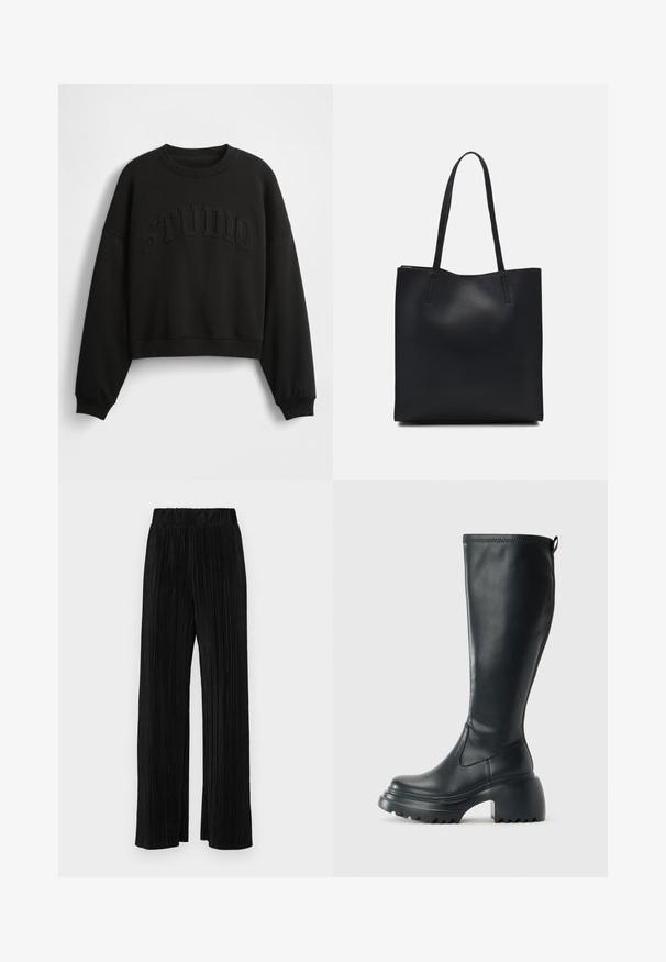 Mustast lühendatud dressipluus laia varrukaga ja esiküljel reljeefsete "STUDIO" tähtedega, valmistatud siledast kangast. Umbkaudne ümarsärk.; Mustad pleekitud püksid elastse vöökohtaga. Omavad laiad jalad ja sujuvat, tekstureeritud kangast vertikaalsete triipudega.; Kõrge must nahksaapad, millel on massiivne platvormi tald ja blokk-kand, varustatud tõmbenööriga ja tekstuuriga väljatõmbejääk.; Mustast nahast kott sujuva tekstuuriga, ristkülikukujuline ja kahe pika sangaga. Pole nähtavat riistvara ega kaunistusi.