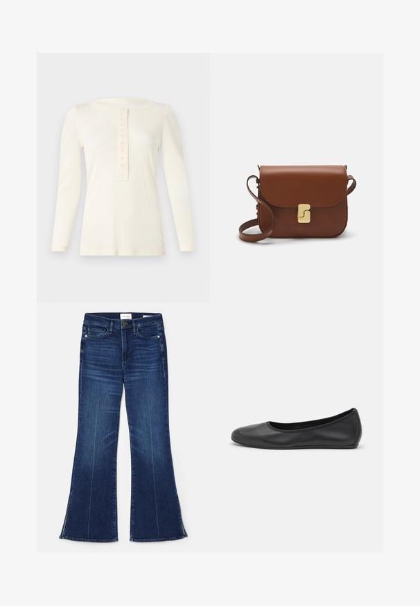 Langärmliges cremefarbenes Oberteil aus weicher Material mit einem runden Ausschnitt und einer Knopfleiste mit neun Knöpfen in der Mitte.; Dunkelblaue, ausgestellte Jeans aus Denim. Mit hoher Taille, vorderen Taschen und Schlitzen am Saum. Klassisches Fünf-Taschen-Design.; Schwarze Leder-Ballettschuhe mit abgerundeter Spitze, glatter Textur, minimalen Nähdetails und einem flexiblen Sohlen-Design.; Braune Ledertasche mit Klappenverschluss, Beschlägen in Goldfarbe, einem Schultergurt und einer glatten Oberfläche. Kompakte rechteckige Form.