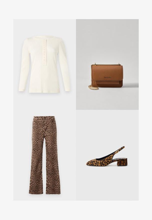 Pikema varrukatega kreemjas pluus, mis on valmistatud pehmest kangast. Pluusil on ümar kaelus ja keskel on üheksa nupuga kinnitamine.; Beige ja musta leopardimustriga laie jalgadega püksid, millel on sile tekstuur ja kitsenev äär. Disain standardse vöökoht ja taskutega.; Naiste leopardimustriga slingback-kingad madala blokkninahaga ja kuldse klambriga külgjah. Kujutatud külgprofiilis lihtsal taustal.; Pruun tekstureeritud nahk ristkeha kott kuldse ahelaga rihmaga ja klapiga sulgemine. Esiküljel on logo detail ja tasku klapi all.