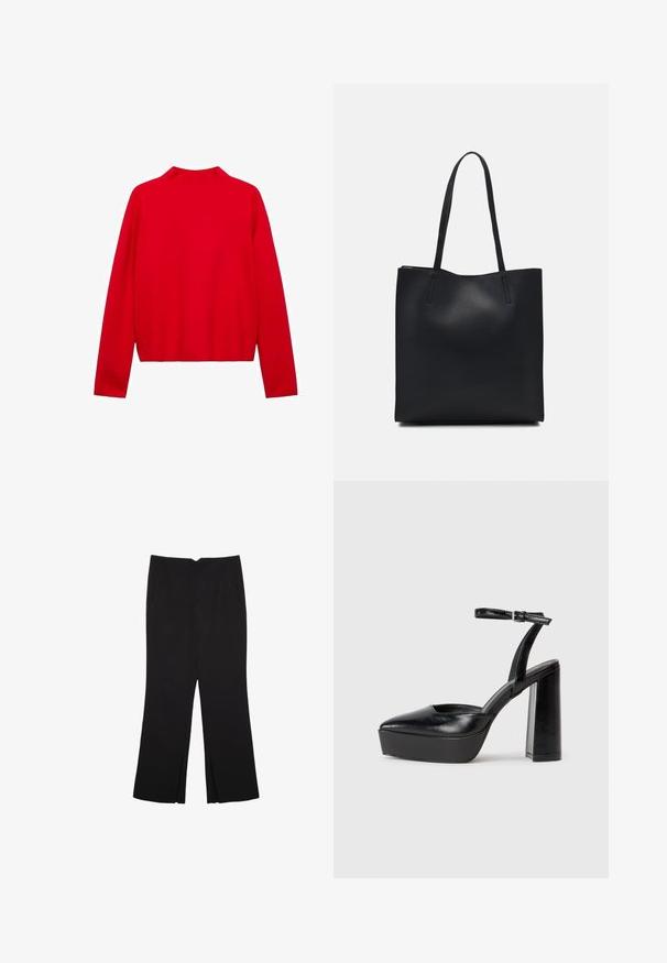 Maglione rosso a maniche lunghe con colletto alto, realizzato in un materiale a maglia liscio. Il design è semplice, con una linea dritta e senza chiusure visibili.; Pantaloni neri a gamba dritta, con tasche frontali e spacchi laterali all'orlo. Realizzati in tessuto morbido e liscio. Adatti a diverse occasioni.; Tacchi a piattaforma neri con punta appuntita e cinturino regolabile alla caviglia. Realizzati in pelle liscia, presentano un tacco a blocco spesso.; Borsa tote in pelle nera con texture liscia, forma rettangolare e due manici lunghi. Nessun hardware o decorazione visibile.