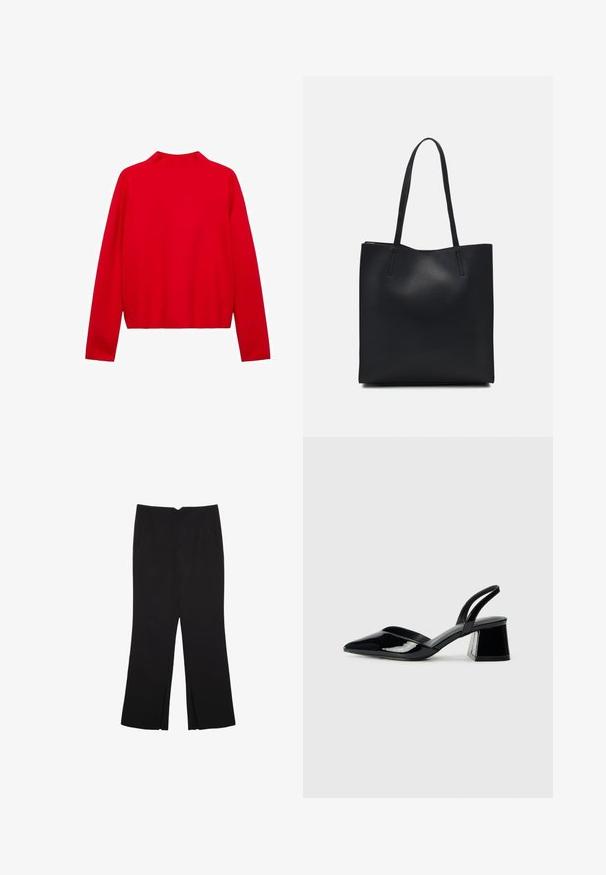 Roter Pullover mit langen Ärmeln und hohem Kragen, aus einem glatten Strickmaterial gefertigt. Das Design ist schlicht, mit geradem Schnitt und ohne sichtbare Verschlüsse.; Schwarze Hose mit geradem Schnitt, ausgestattet mit Fronttaschen und Seitenschlitzen am Saum. Hergestellt aus weichem, glattem Stoff. Geeignet für verschiedene Anlässe.; Schwarze Lackleder-Slingback-High Heels mit spitzem Schuh und einem geometrischen Blockabsatz. Verfügt über ein schlankes, minimalistisches Design und eine glatte Textur.; Schwarze Laptoptasche aus Leder mit glatter Textur, rechteckiger Form und zwei langen Griffen. Keine sichtbaren Beschläge oder Verzierungen.