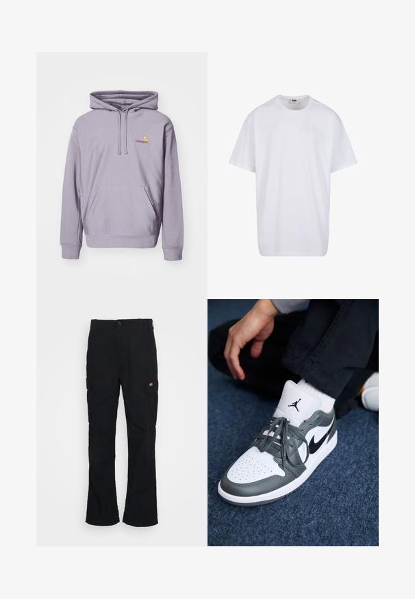 Fioletowa bluza z kapturem wykonana z mieszanki bawełny, z centralną kieszenią typu kangur, kapturem z regulacją sznurkiem oraz haftowanym logo na klatce piersiowej.; Biała bawełniana koszulka z krótkimi rękawami, okrągłym dekoltem, luźnym krojem i bez widocznych logo lub wzorów. Gładka tekstura i minimalistyczny design.; Czarne spodnie cargo z prostym krojem, wykonane z wytrzymałego materiału, z bocznymi kieszeniami i naszywką z logo po lewej stronie.; Sneakers Nike Air Jordan 1 w białej i szarej skórze, z czarnym logo, perforowanym noskiem i płaskimi szarymi sznurowadłami.