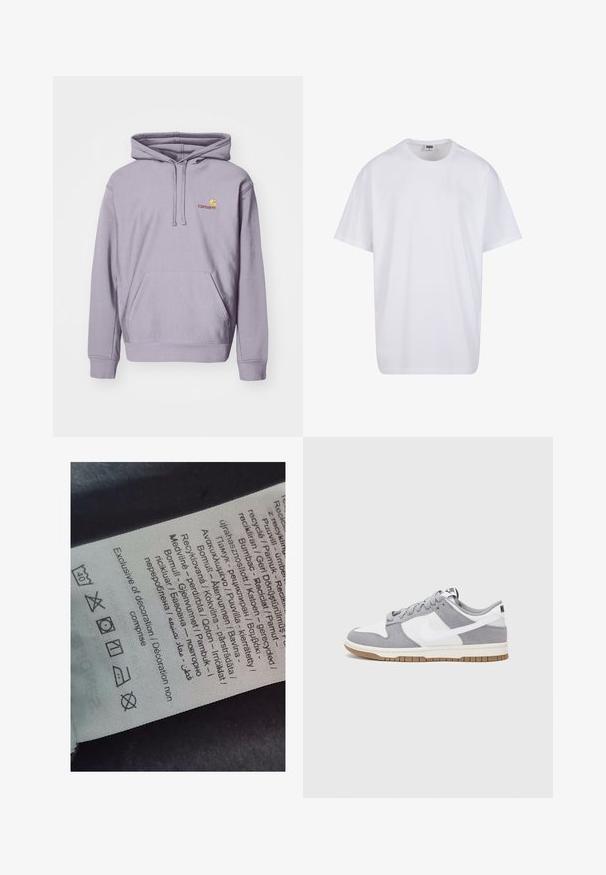 Lila Kapuzenpullover aus Baumwollmischung, mit einer zentralen Kängurutasche, einer Zugkordelkapuze und einem gestickten Logo auf der Brust.; Weiße Baumwoll-T-Shirt mit kurzen Ärmeln, rundem Ausschnitt, lockerer Passform und ohne sichtbare Logos oder Muster. Glatte Textur und minimalistisches Design.; Etikett mit mehrsprachigem Text, Pflegehinweisen und Recycling-Symbolen, auf einem weichen, textilähnlichen Material in heller Farbe gedruckt.; Graue und weiße Sneaker mit einem Obermaterial aus Wildleder und Leder, abgerundeter Spitze, flachen Schnürsenkeln und einer Gummisohle mit einem Kautschukakzent.