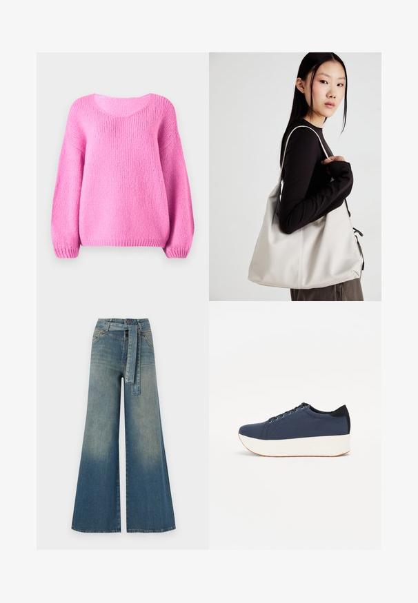 Pink knitted sweater with a rounded neckline, wide sleeves, and ribbed cuffs. Soft texture and relaxed fit.; Wide-leg denim trousers featuring a light to dark blue gradient, high waist, belt loops, and a matching fabric belt. Textured denim finish.; Navy blue sneaker with a textured fabric upper, white platform sole, rounded toe, and black heel accent. Features six eyelets for laces.; Beige handbag made of soft material, featuring a slouchy design, stitched detailing, and two shoulder straps. Suitable for everyday use.