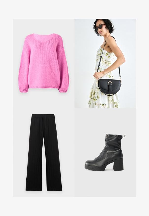 Rosa gestrickter Pullover mit rundem Ausschnitt, weiten Ärmeln und gerippten Bündchen. Weiche Textur und lockere Passform.; Schwarze, weit geschnittene Hose aus Baumwollstoff. Mit elastischem Bund und einer glatten, strukturierten Oberfläche. Keine sichtbaren Muster oder Akzente.; Schwarze Stiefeletten aus glattem Leder mit seitlichem Reißverschluss, klobigem strukturiertem Absatz und runder Zehenform.; Schwarze Lederhandtasche mit geschwungener Form, abnehmbarem Tragegurt und goldenen Beschlägen. Die Tasche verfügt über einen Deckel mit einer Schnallen-Details.