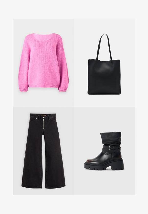 Suéter rosa tricotado com um decote redondo, mangas largas e punhos canelados. Textura macia e ajuste descontraído.; Calças de ganga de perna larga em denim preto com fecho éclair à frente, design de cinco bolsos e detalhes de costura subtil. Textura suave e estilo casual.; Bota de tornozelo em couro preto com parte superior solta, detalhe em fivela e sola grossa e resistente. Apresenta bico redondo e textura suave.; Bolsa tote preta em couro com textura lisa, forma retangular e duas alças longas. Sem hardware ou enfeites visíveis.