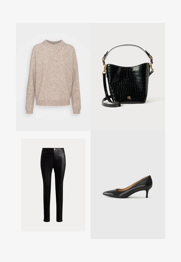 Beež kudumine särk kõrge kraega, laia lõikega ja soonikkoes äärtega. Pehme tekstuur kerge karvaga viimistlusega.; Mustad, tihedalt istuv nahkpüksid. Omavad tõmblukkudega küljetaskuid ja kontrastseid kuldseid detaile pahkluude juures.; Must musta musta, millel on terav nina, madal konts ja sile tekstuur. Omab pisut avatud osa ees ja minimaalset riistvara taga.; Mustad krokodillimustriga must nahast kott, millel on kõver kuju, kuldse riistvara aktsessid, reguleeritav rihm ning logodetail esiosas.